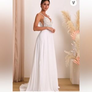 Lulu's True Love White Beaded Rhinestone Maxi Dress